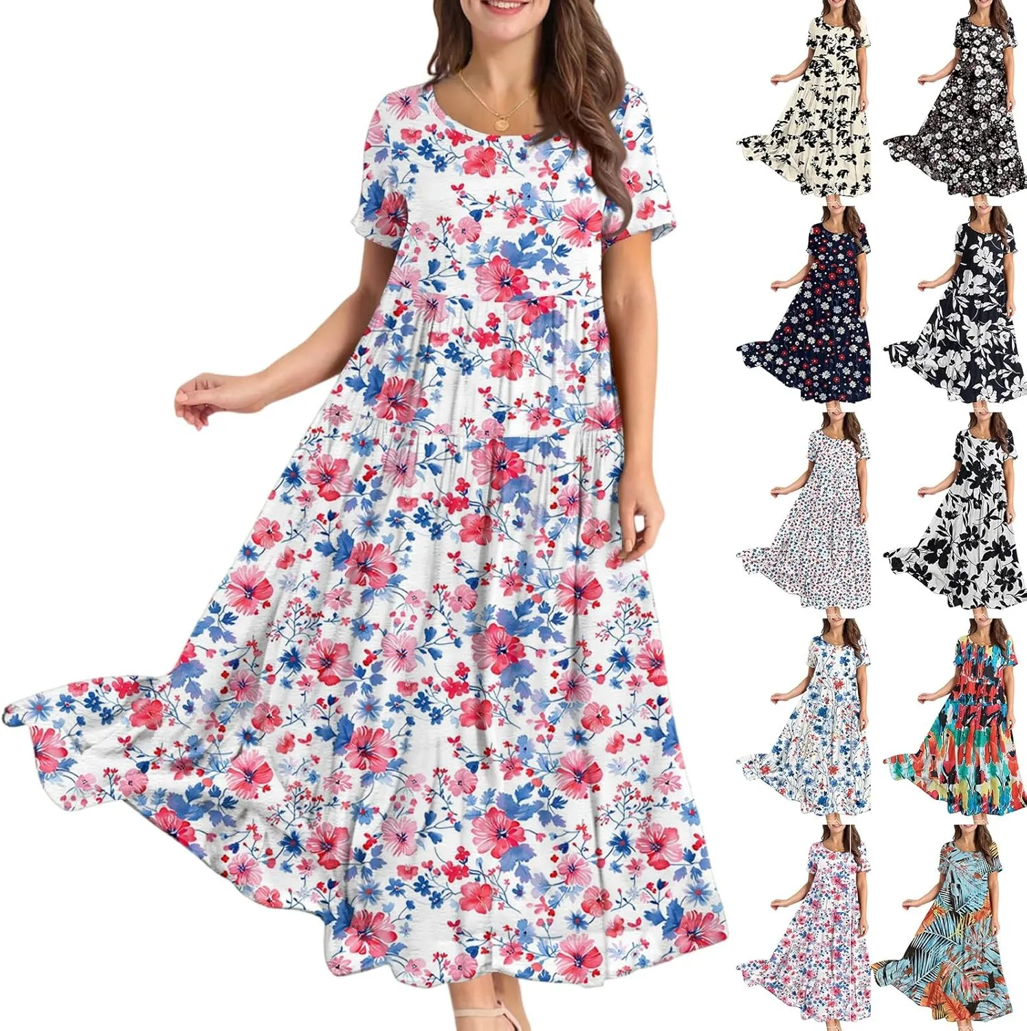 Wedding Guest Dress for Women 2025 Plus Size Casual Loose Floral Graphic Flowy Sundress Summer Short Sleeve Swing Maxi Dress