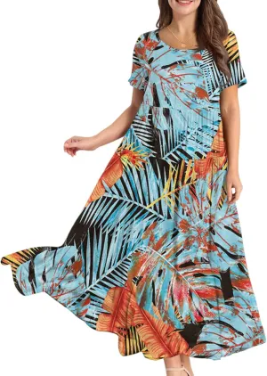 Wedding Guest Dress for Women 2025 Plus Size Casual Loose Floral Graphic Flowy Sundress Summer Short Sleeve Swing Maxi Dress