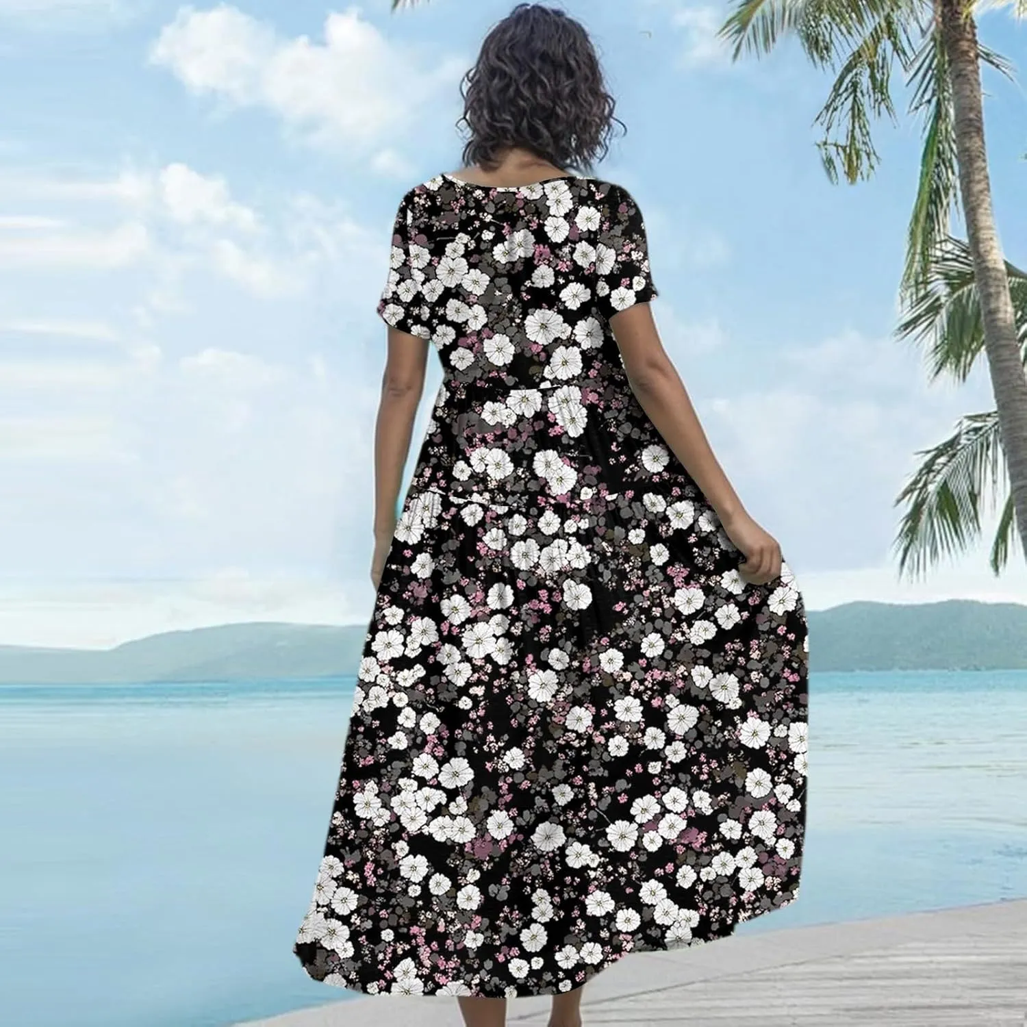 Wedding Guest Dress for Women 2025 Plus Size Casual Loose Floral Graphic Flowy Sundress Summer Short Sleeve Swing Maxi Dress