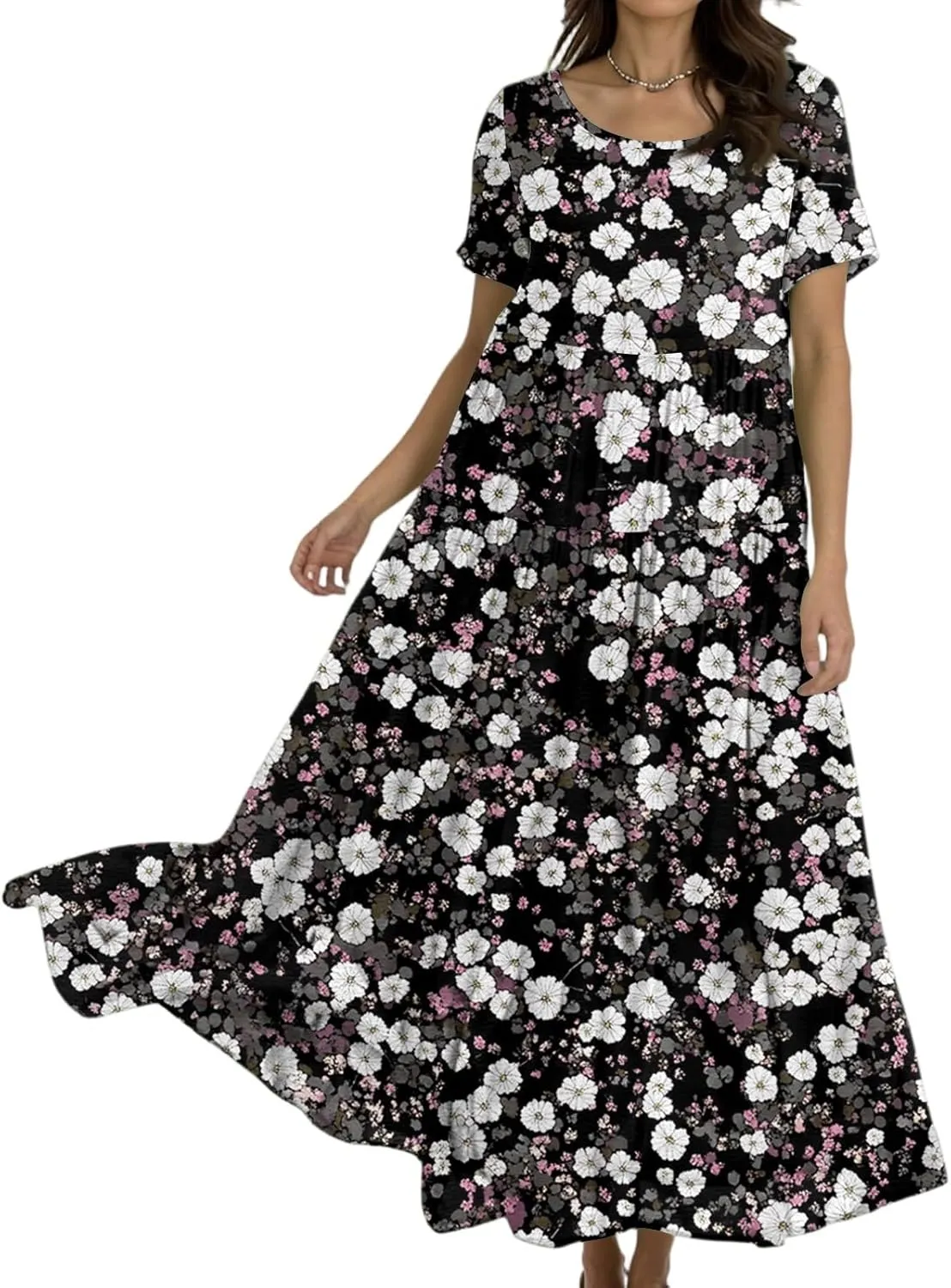 Wedding Guest Dress for Women 2025 Plus Size Casual Loose Floral Graphic Flowy Sundress Summer Short Sleeve Swing Maxi Dress