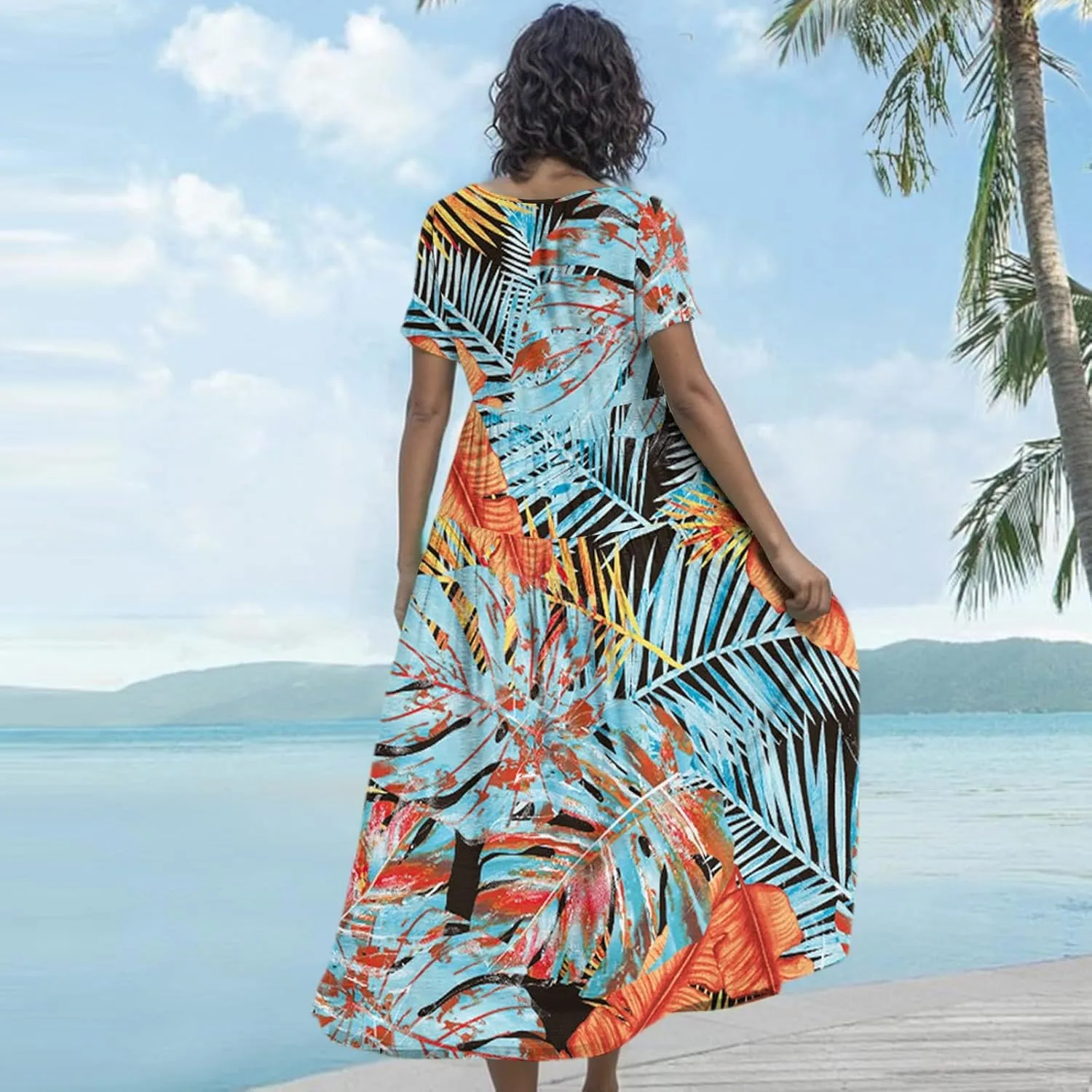 Wedding Guest Dress for Women 2025 Plus Size Casual Loose Floral Graphic Flowy Sundress Summer Short Sleeve Swing Maxi Dress