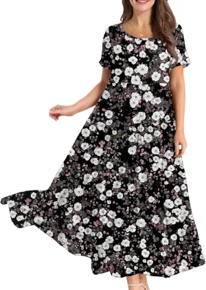 Wedding Guest Dress for Women 2025 Plus Size Casual Loose Floral Graphic Flowy Sundress Summer Short Sleeve Swing Maxi Dress