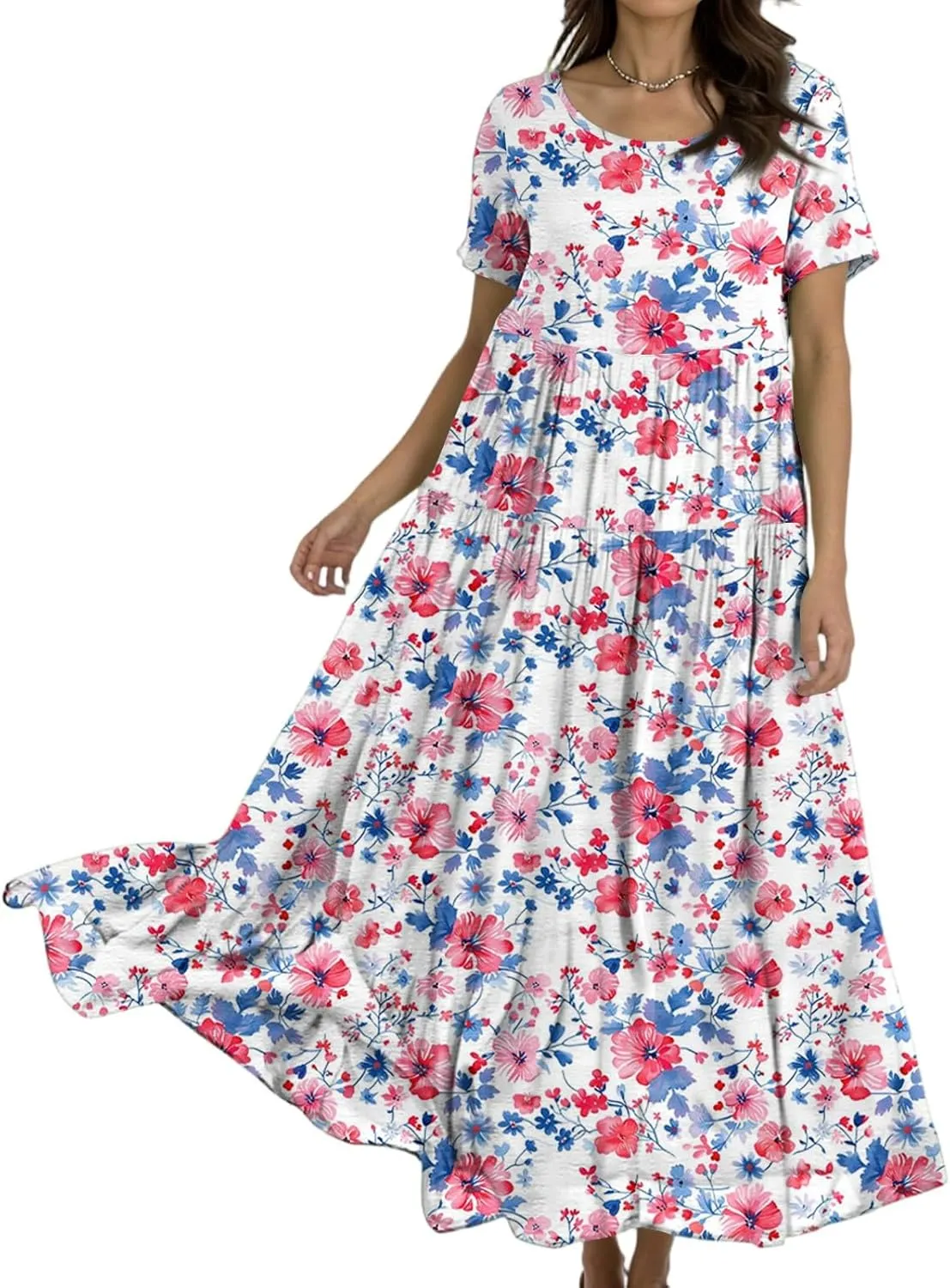 Wedding Guest Dress for Women 2025 Plus Size Casual Loose Floral Graphic Flowy Sundress Summer Short Sleeve Swing Maxi Dress