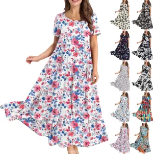 Wedding Guest Dress for Women 2025 Plus Size Casual Loose Floral Graphic Flowy Sundress Summer Short Sleeve Swing Maxi Dress