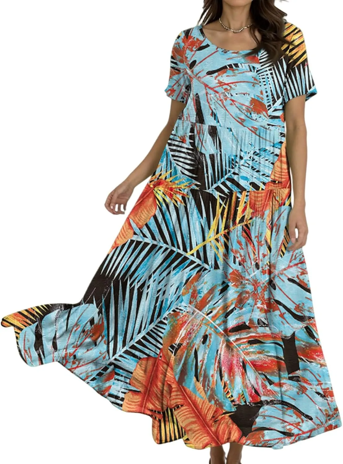 Wedding Guest Dress for Women 2025 Plus Size Casual Loose Floral Graphic Flowy Sundress Summer Short Sleeve Swing Maxi Dress