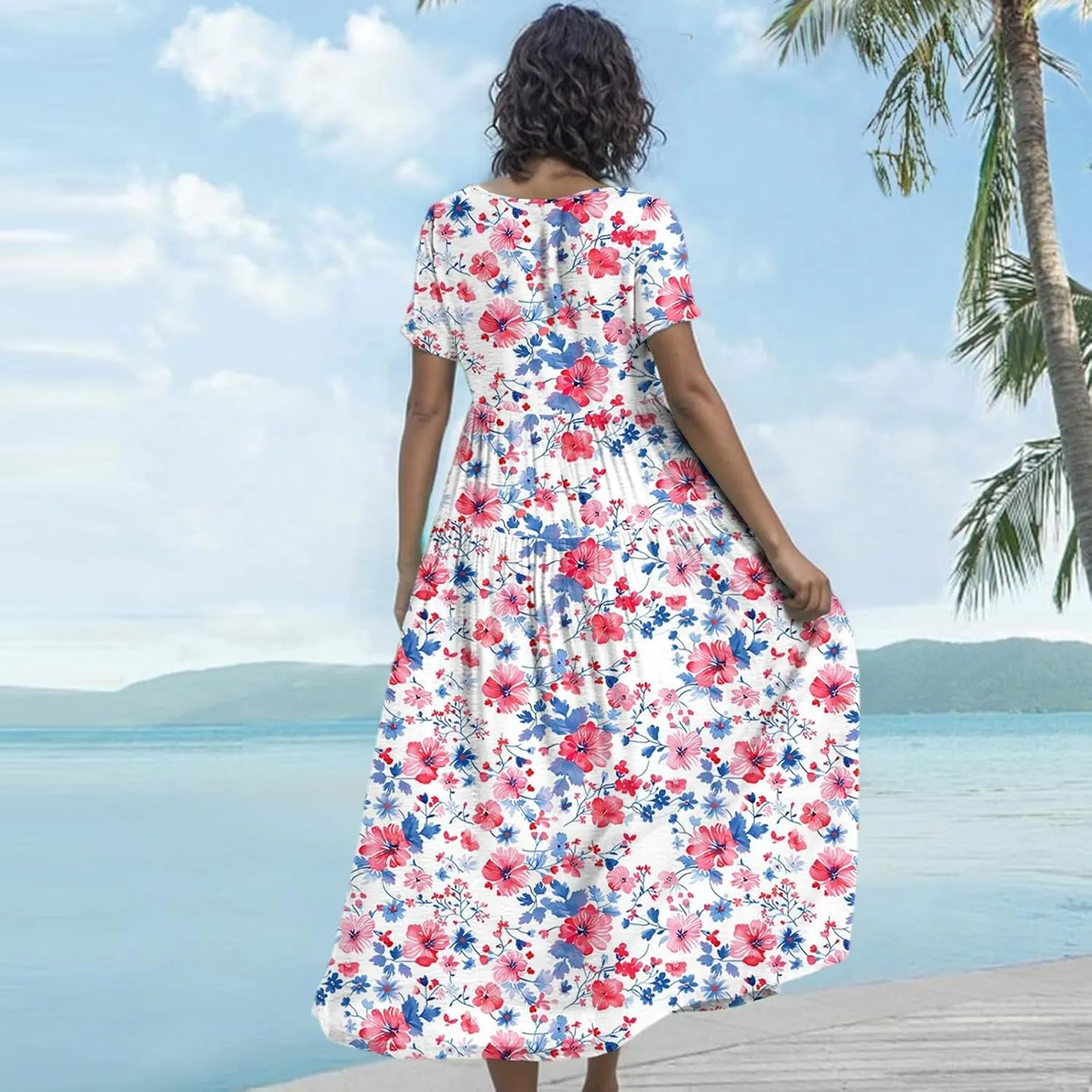 Wedding Guest Dress for Women 2025 Plus Size Casual Loose Floral Graphic Flowy Sundress Summer Short Sleeve Swing Maxi Dress