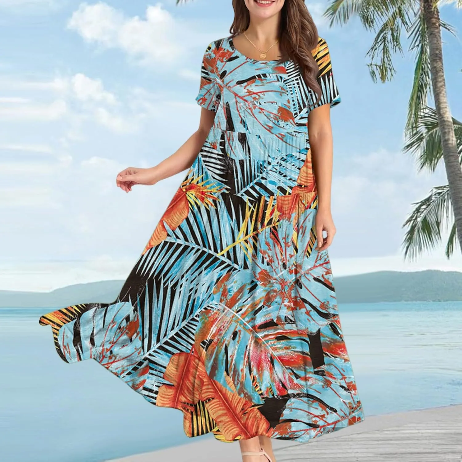 Wedding Guest Dress for Women 2025 Plus Size Casual Loose Floral Graphic Flowy Sundress Summer Short Sleeve Swing Maxi Dress