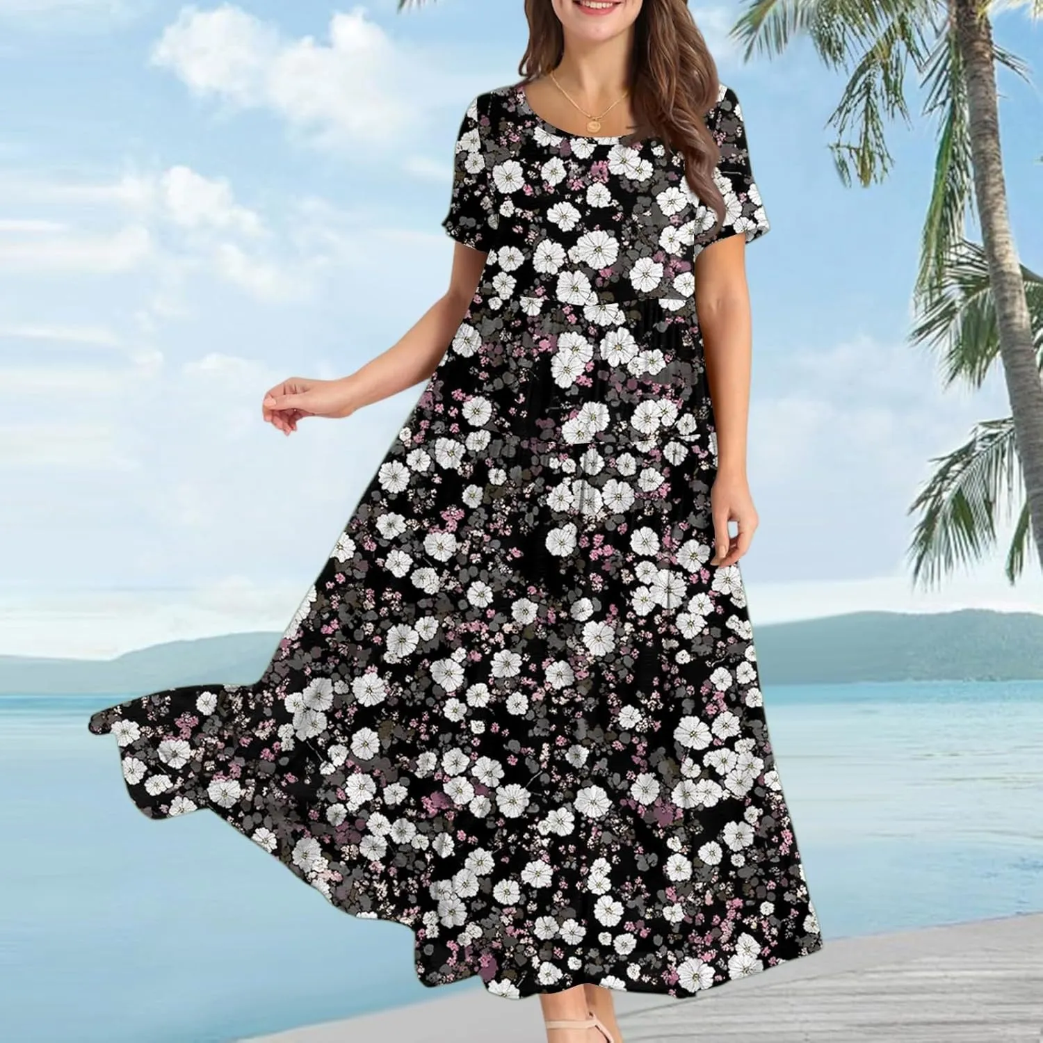 Wedding Guest Dress for Women 2025 Plus Size Casual Loose Floral Graphic Flowy Sundress Summer Short Sleeve Swing Maxi Dress