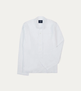 White Linen Mandarin Collar Popover Shirt Chic Look Relaxed Silhouette