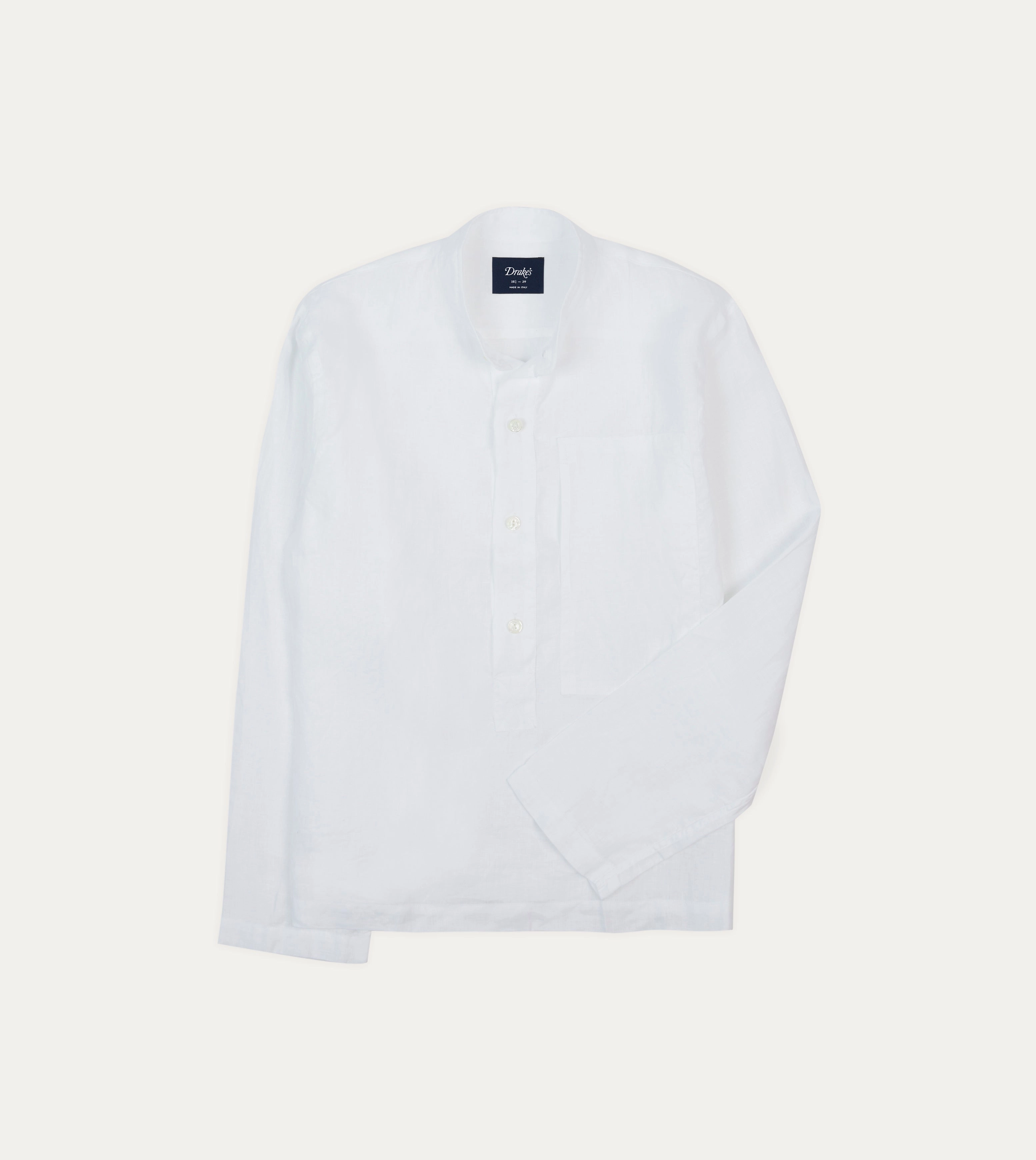 White Linen Mandarin Collar Popover Shirt Chic Look Relaxed Silhouette
