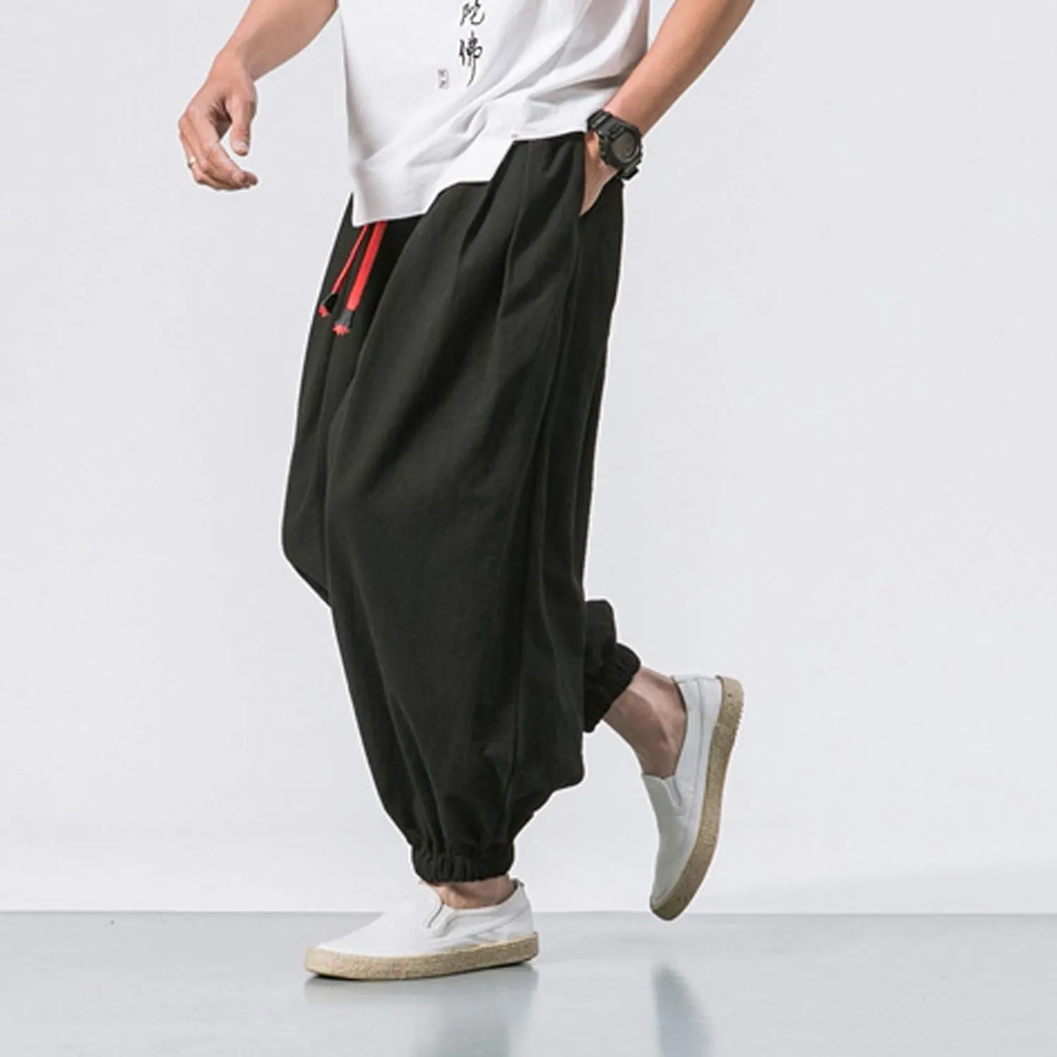 Wide Leg Harem Pants for Men Big and Tall Elastic Waist Baggy Ankle Pants Summer Lightweight Cinch Bottom Jogging Trousers