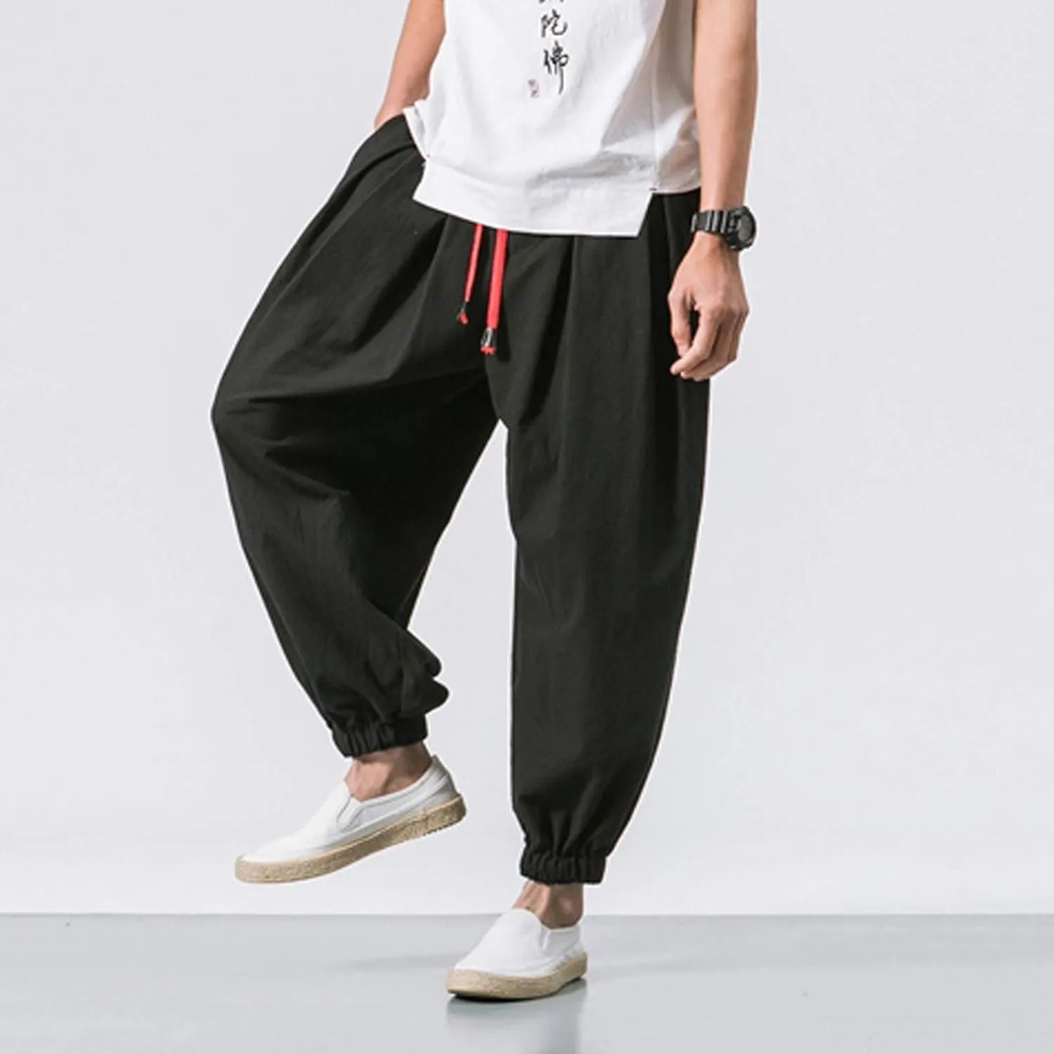 Wide Leg Harem Pants for Men Big and Tall Elastic Waist Baggy Ankle Pants Summer Lightweight Cinch Bottom Jogging Trousers