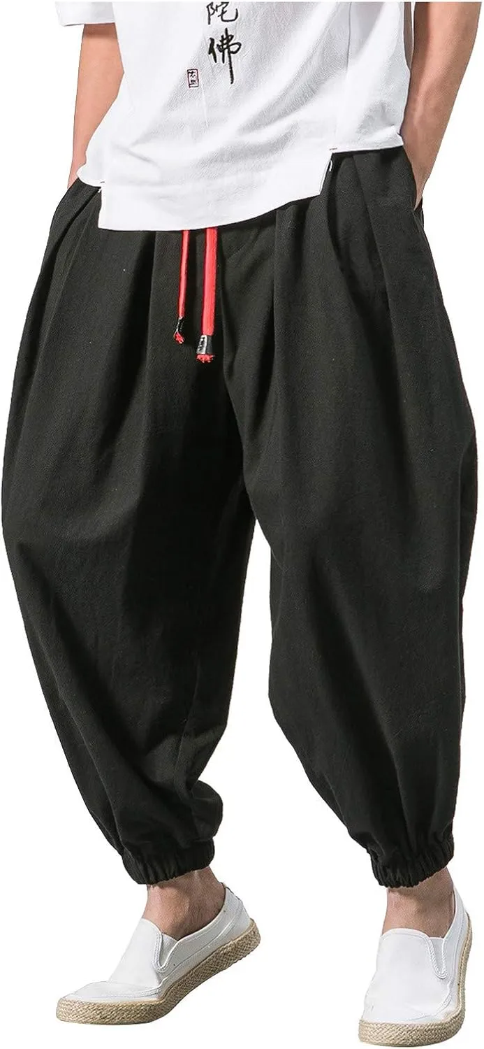 Wide Leg Harem Pants for Men Big and Tall Elastic Waist Baggy Ankle Pants Summer Lightweight Cinch Bottom Jogging Trousers