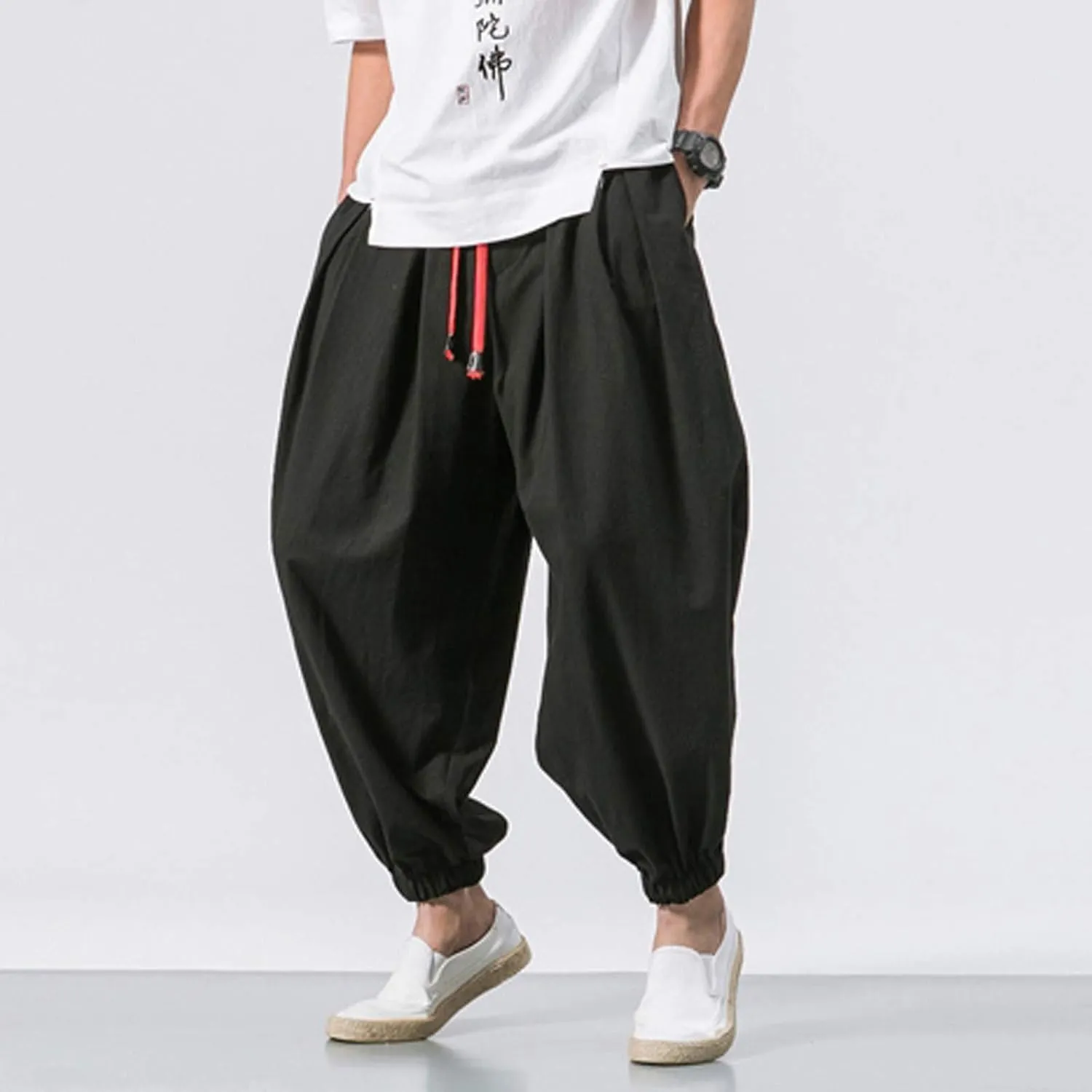 Wide Leg Harem Pants for Men Big and Tall Elastic Waist Baggy Ankle Pants Summer Lightweight Cinch Bottom Jogging Trousers