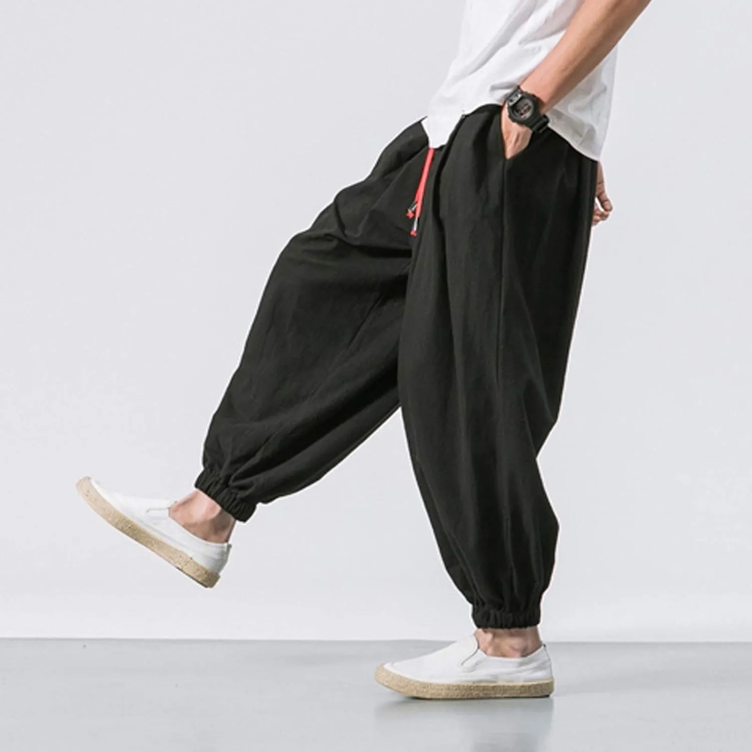 Wide Leg Harem Pants for Men Big and Tall Elastic Waist Baggy Ankle Pants Summer Lightweight Cinch Bottom Jogging Trousers