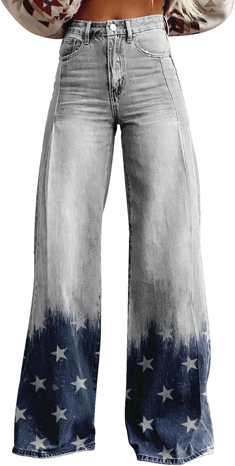 Wide Leg Jeans Woman Casual High Waisted Jeans Stretch Wide Leg Loose Denim Pants with Pockets