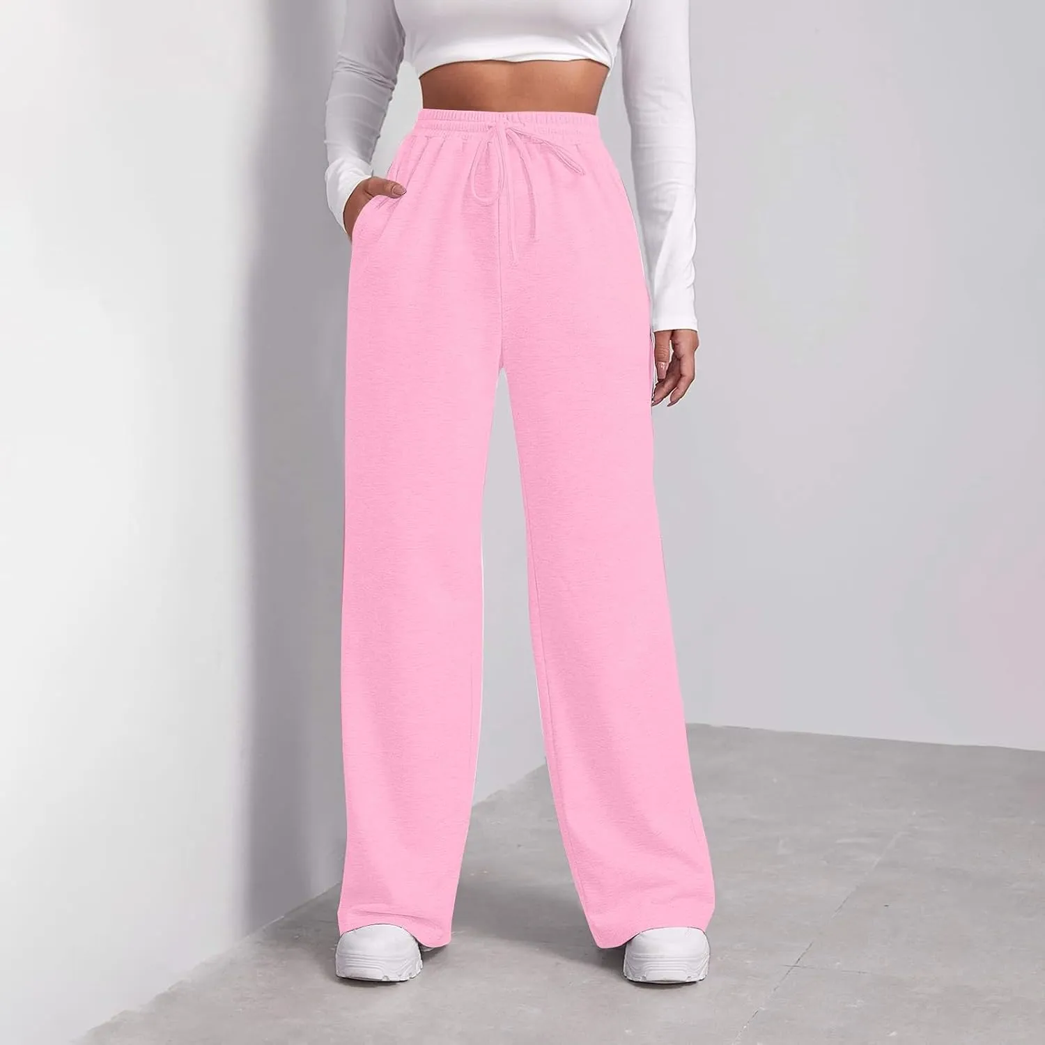 Wide Leg Sweatpants Women Plus Size Elastic High Waisted Long Sweat Pants with Pockets Baggy Athletic Cargo Joggers