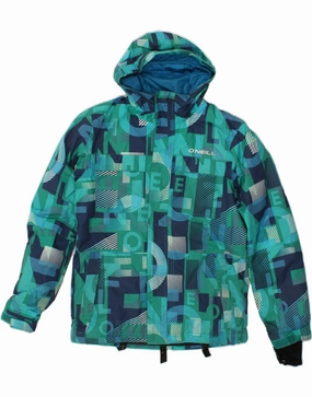 O'NEILL Boys Graphic Hooded Rain Jacket 15-16 Years Green Polyamide Cordlock Adjustment System Low Profile Fasteners