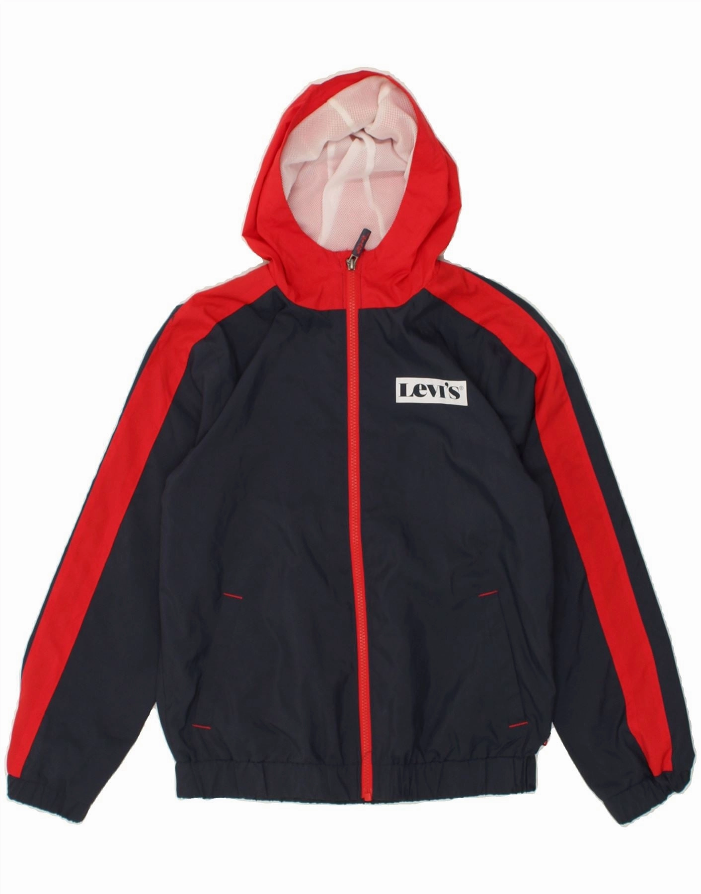LEVI'S Boys Graphic Hooded Rain Jacket 13-14 Years Navy Blue Colourblock Abrasion Resistant Panels