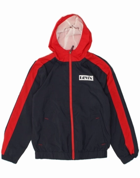 LEVI'S Boys Graphic Hooded Rain Jacket 13-14 Years Navy Blue Colourblock Abrasion Resistant Panels