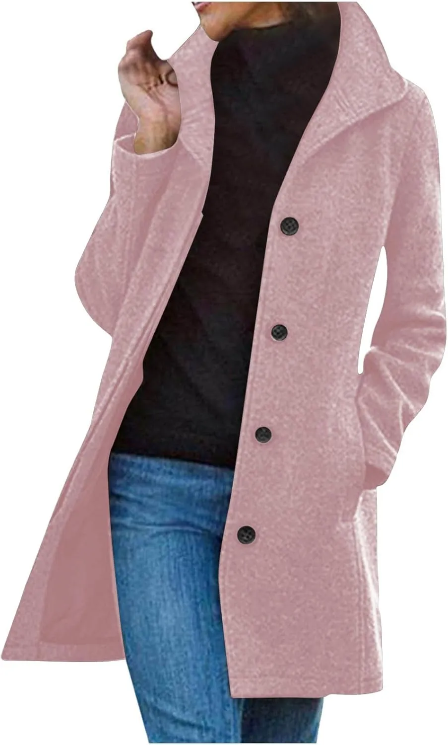 Winter Coats for Women Casual Thicken Wool Blend Stand Collar Single Breasted Pea Coat Long Wool Trench Coat Jackets