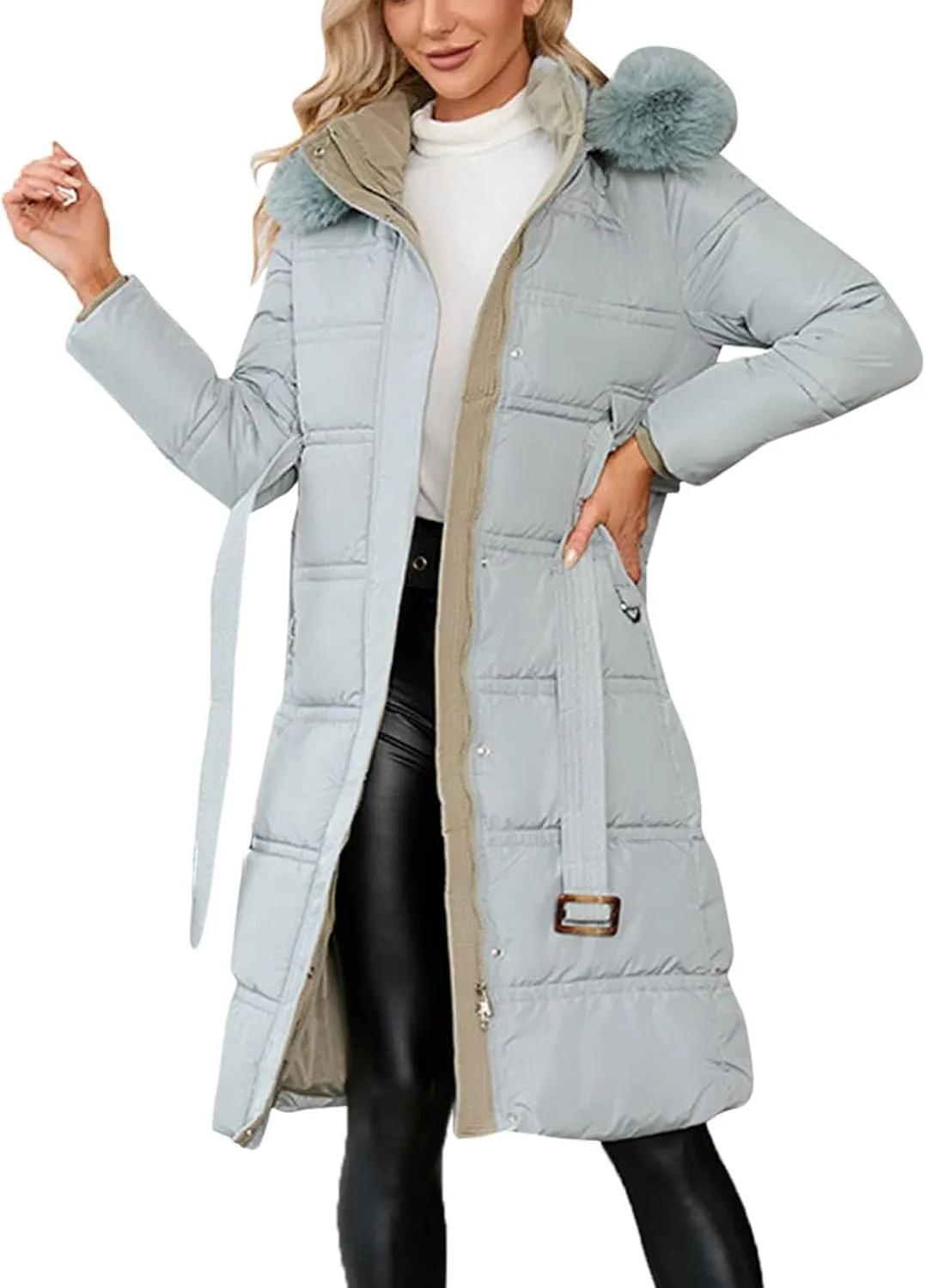 Winter Puffer Coats for Women with Plush Hood & Belt Tie Long Quilted Jacket Full Zip Casual Thermal Padded Down Coats
