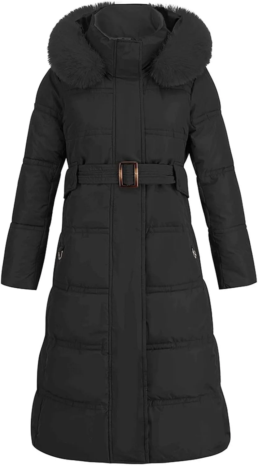 Winter Puffer Coats for Women with Plush Hood & Belt Tie Long Quilted Jacket Full Zip Casual Thermal Padded Down Coats