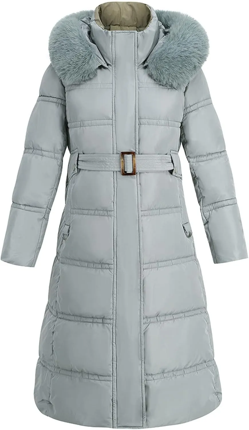 Winter Puffer Coats for Women with Plush Hood & Belt Tie Long Quilted Jacket Full Zip Casual Thermal Padded Down Coats