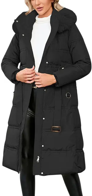 Winter Puffer Coats for Women with Plush Hood & Belt Tie Long Quilted Jacket Full Zip Casual Thermal Padded Down Coats
