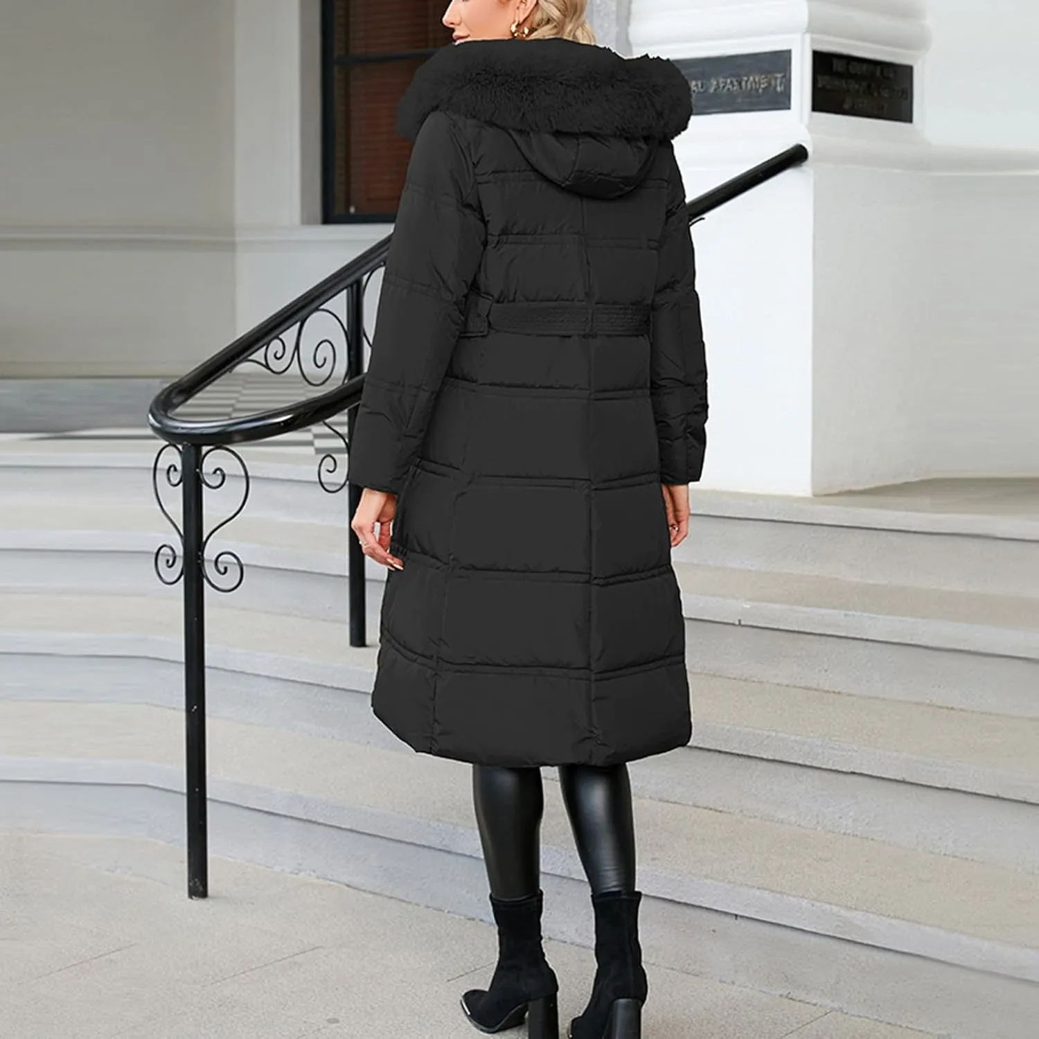 Winter Puffer Coats for Women with Plush Hood & Belt Tie Long Quilted Jacket Full Zip Casual Thermal Padded Down Coats