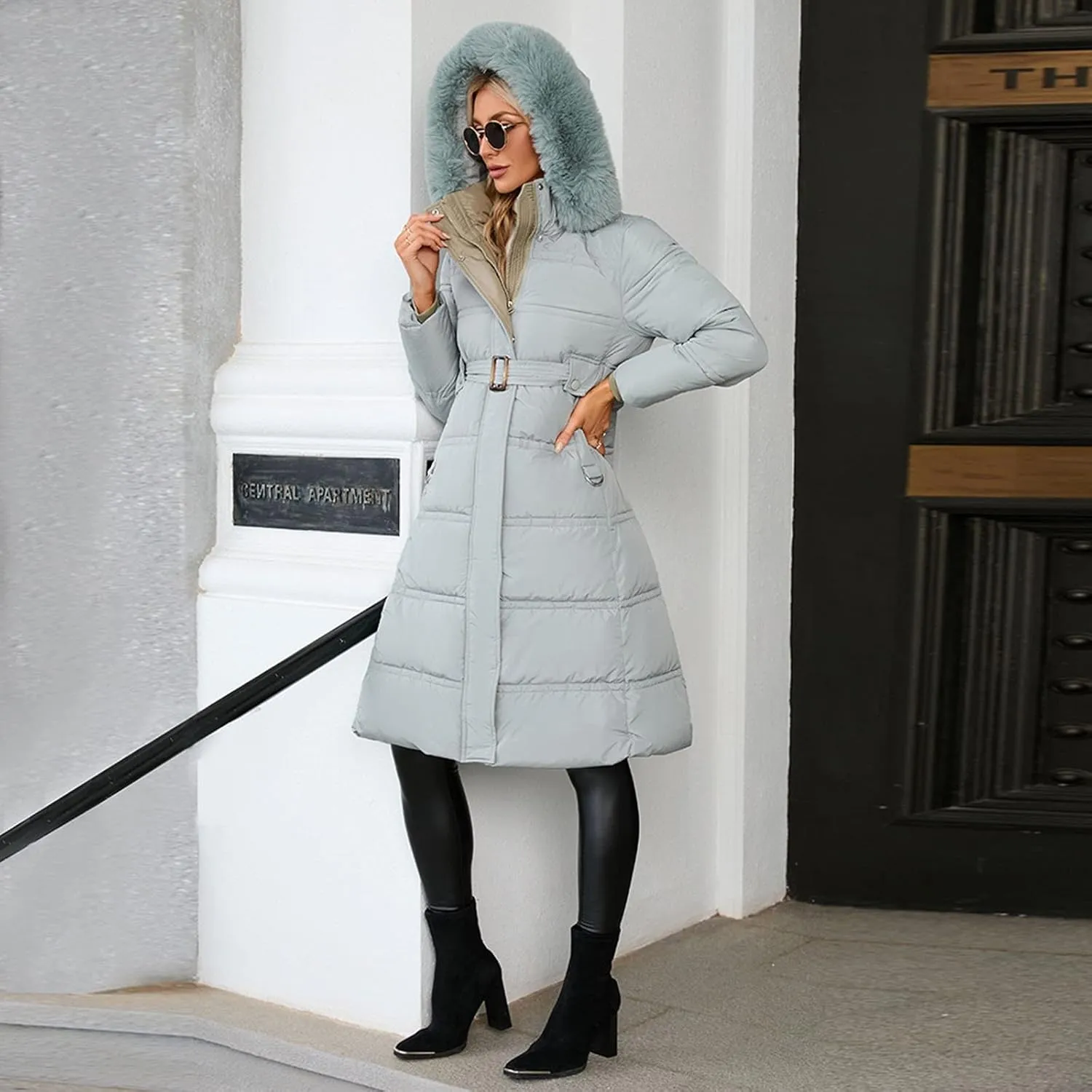 Winter Puffer Coats for Women with Plush Hood & Belt Tie Long Quilted Jacket Full Zip Casual Thermal Padded Down Coats