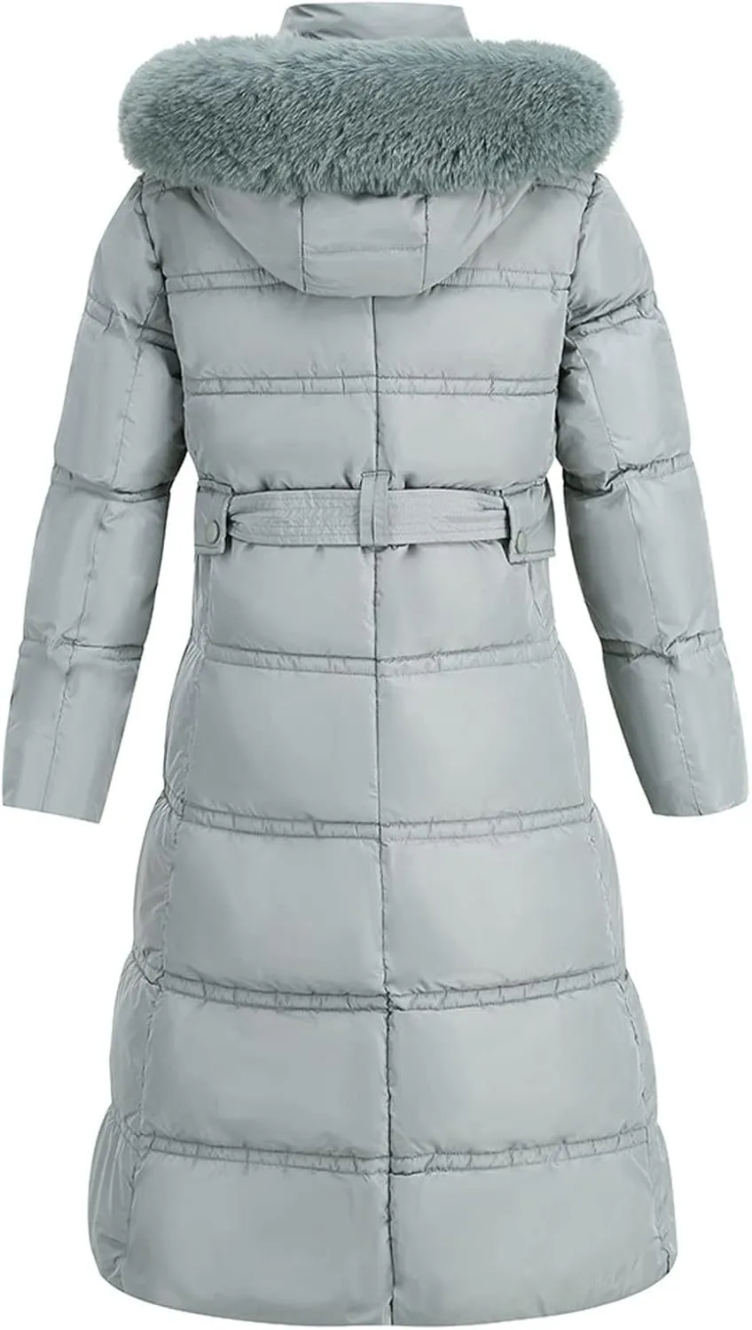 Winter Puffer Coats for Women with Plush Hood & Belt Tie Long Quilted Jacket Full Zip Casual Thermal Padded Down Coats