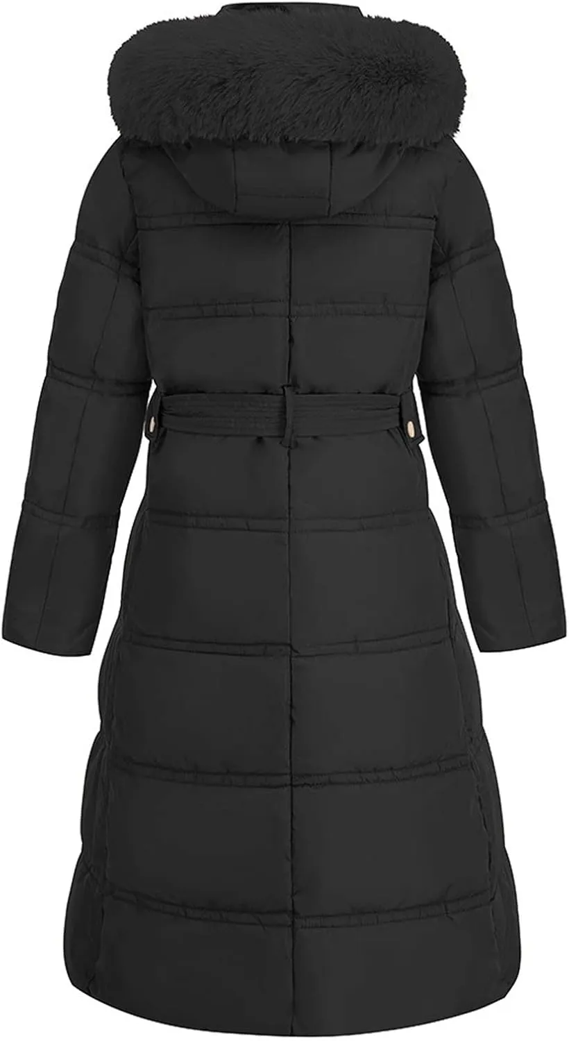 Winter Puffer Coats for Women with Plush Hood & Belt Tie Long Quilted Jacket Full Zip Casual Thermal Padded Down Coats