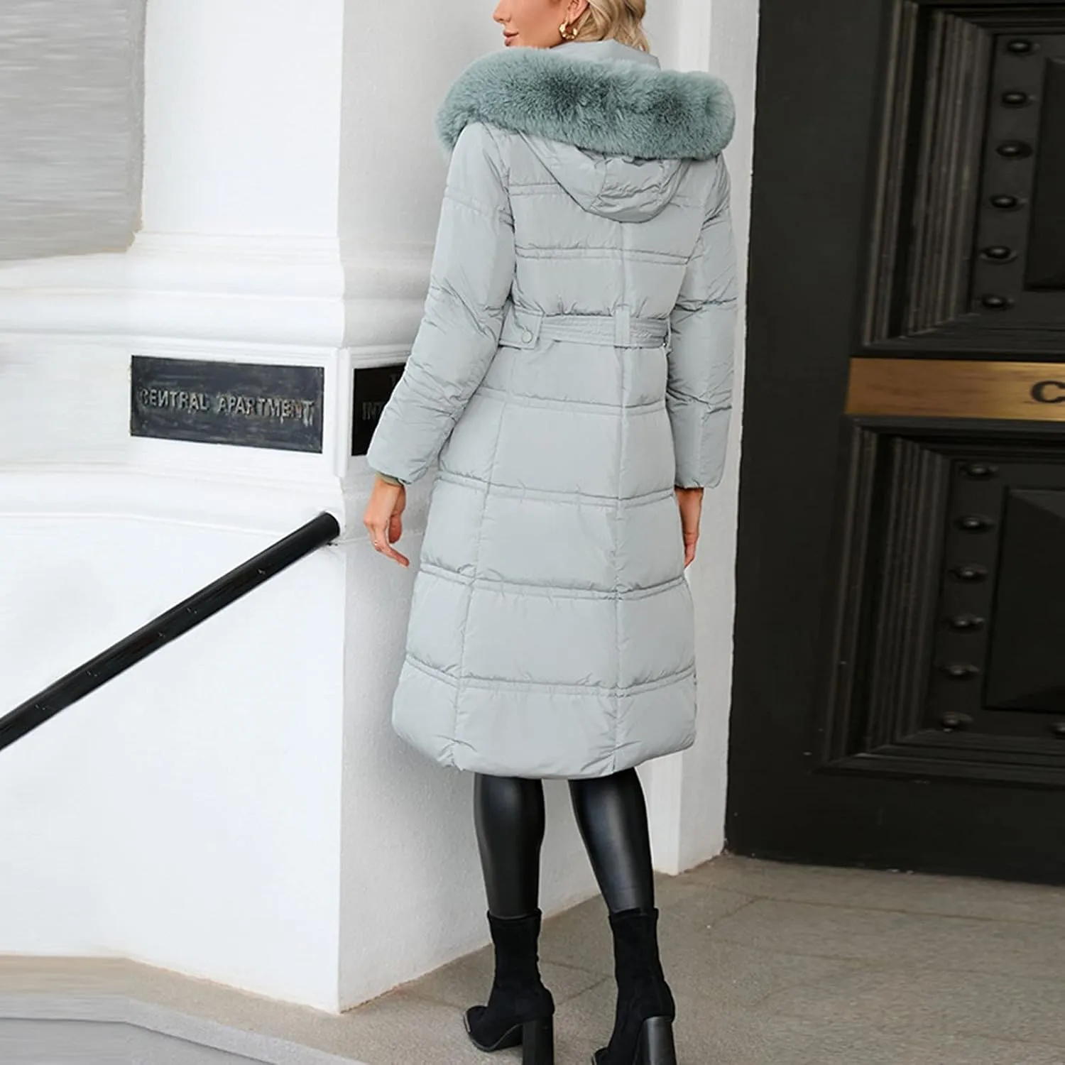 Winter Puffer Coats for Women with Plush Hood & Belt Tie Long Quilted Jacket Full Zip Casual Thermal Padded Down Coats