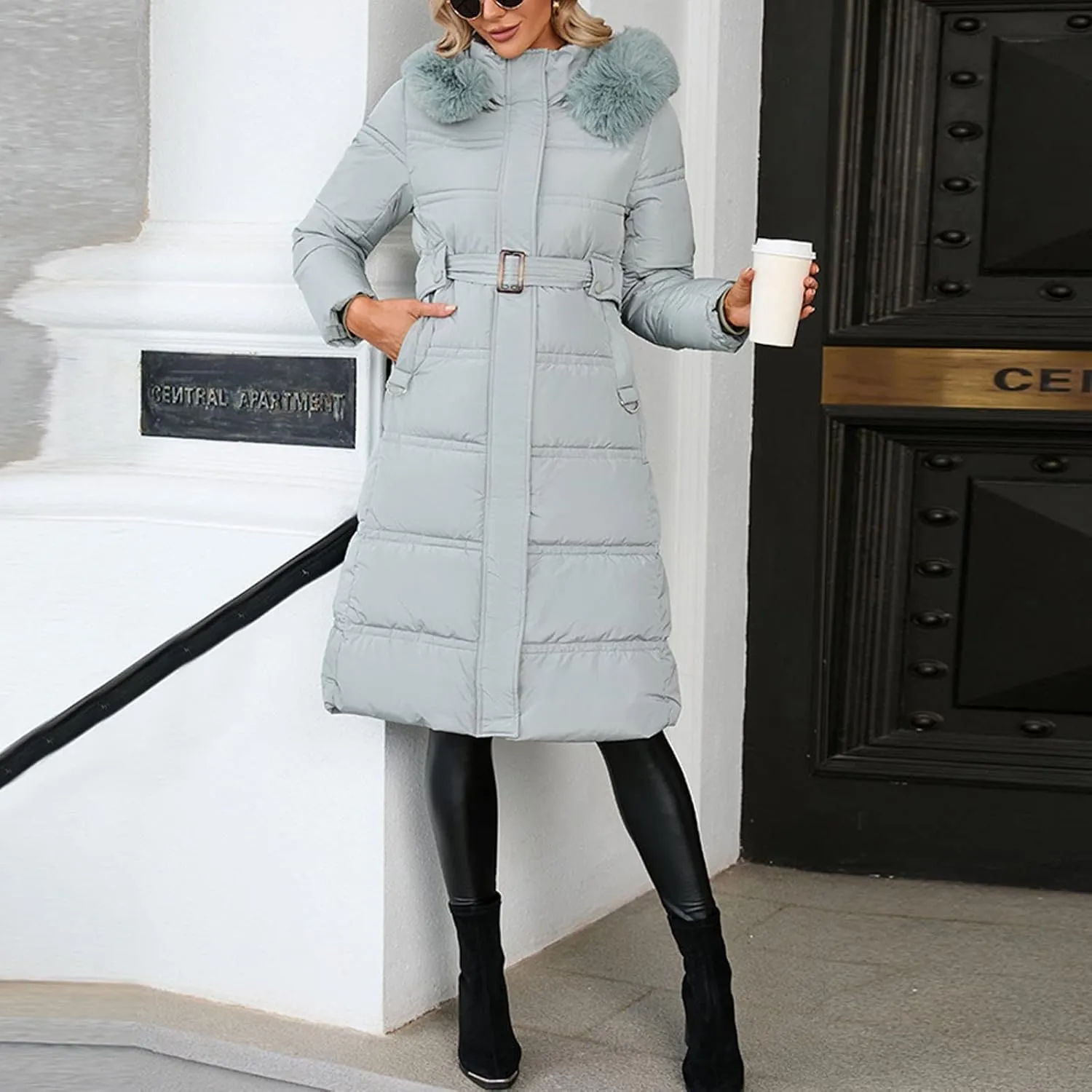 Winter Puffer Coats for Women with Plush Hood & Belt Tie Long Quilted Jacket Full Zip Casual Thermal Padded Down Coats
