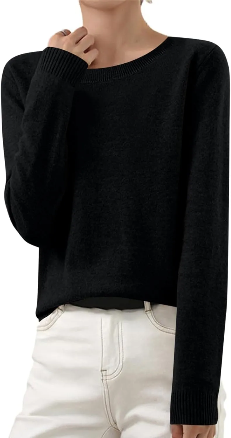 Wkishenl Cashmere Sweaters for Women Long Sleeve Crewneck/V-Neck Knit Pullover Classic Solid Shirts Fall Fashion Clothes 2024
