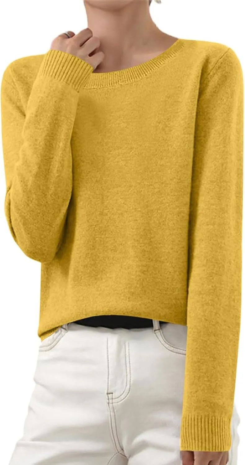 Wkishenl Cashmere Sweaters for Women Long Sleeve Crewneck/V-Neck Knit Pullover Classic Solid Shirts Fall Fashion Clothes 2024