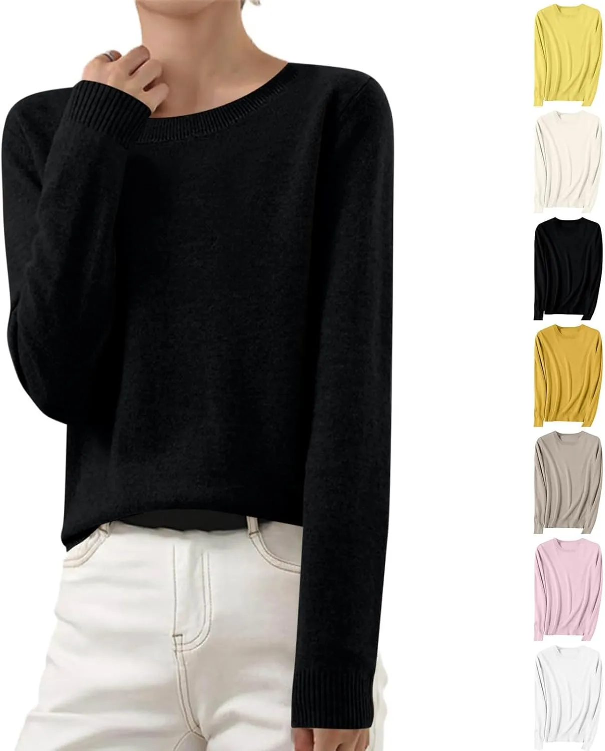 Wkishenl Cashmere Sweaters for Women Long Sleeve Crewneck/V-Neck Knit Pullover Classic Solid Shirts Fall Fashion Clothes 2024