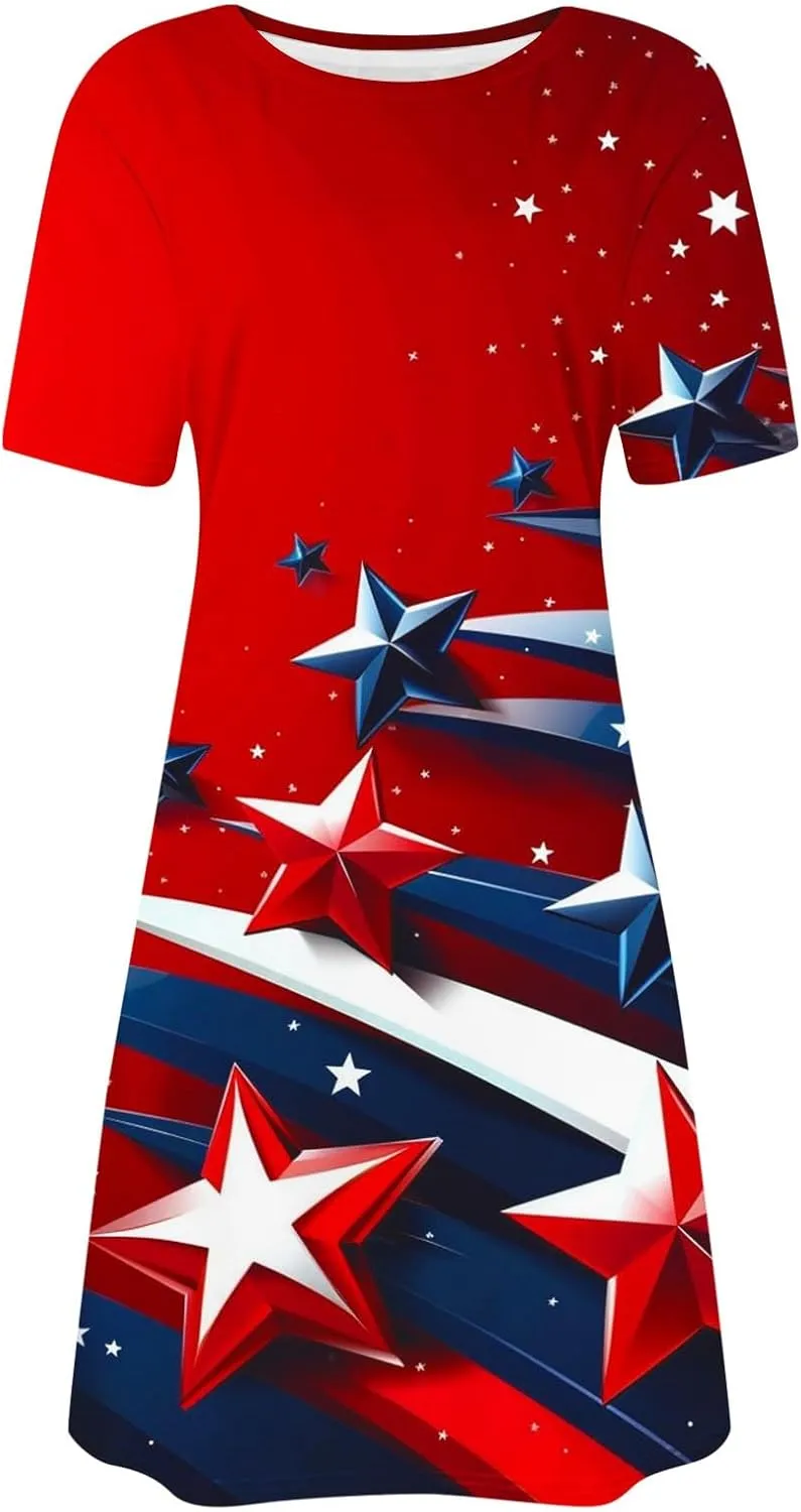 Women 4th of July Dresses American Flag Patriotic Short Sleeve Crewneck Casual Loose Fit Summer Dress