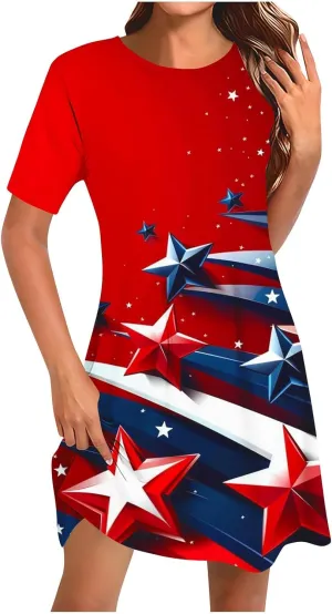 Women 4th of July Dresses American Flag Patriotic Short Sleeve Crewneck Casual Loose Fit Summer Dress