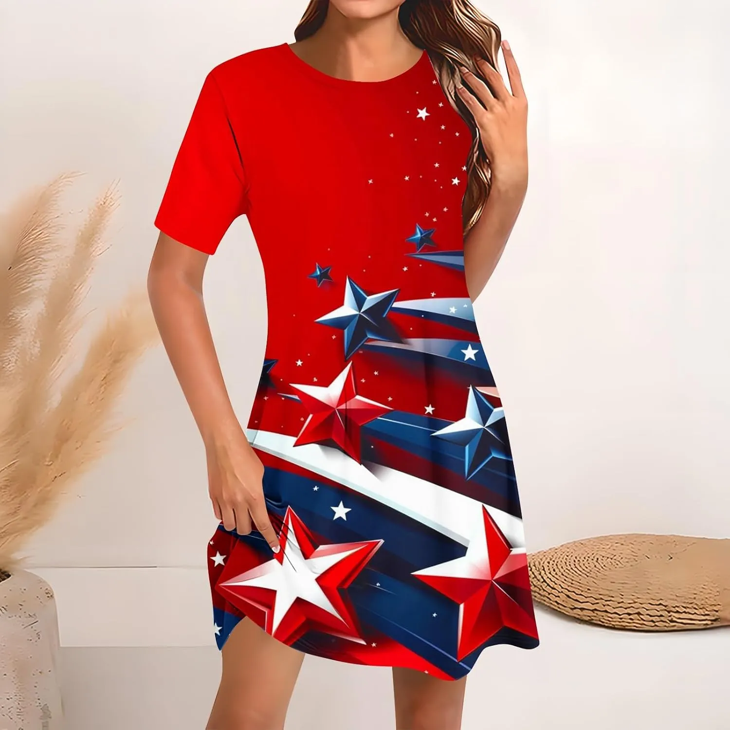 Women 4th of July Dresses American Flag Patriotic Short Sleeve Crewneck Casual Loose Fit Summer Dress