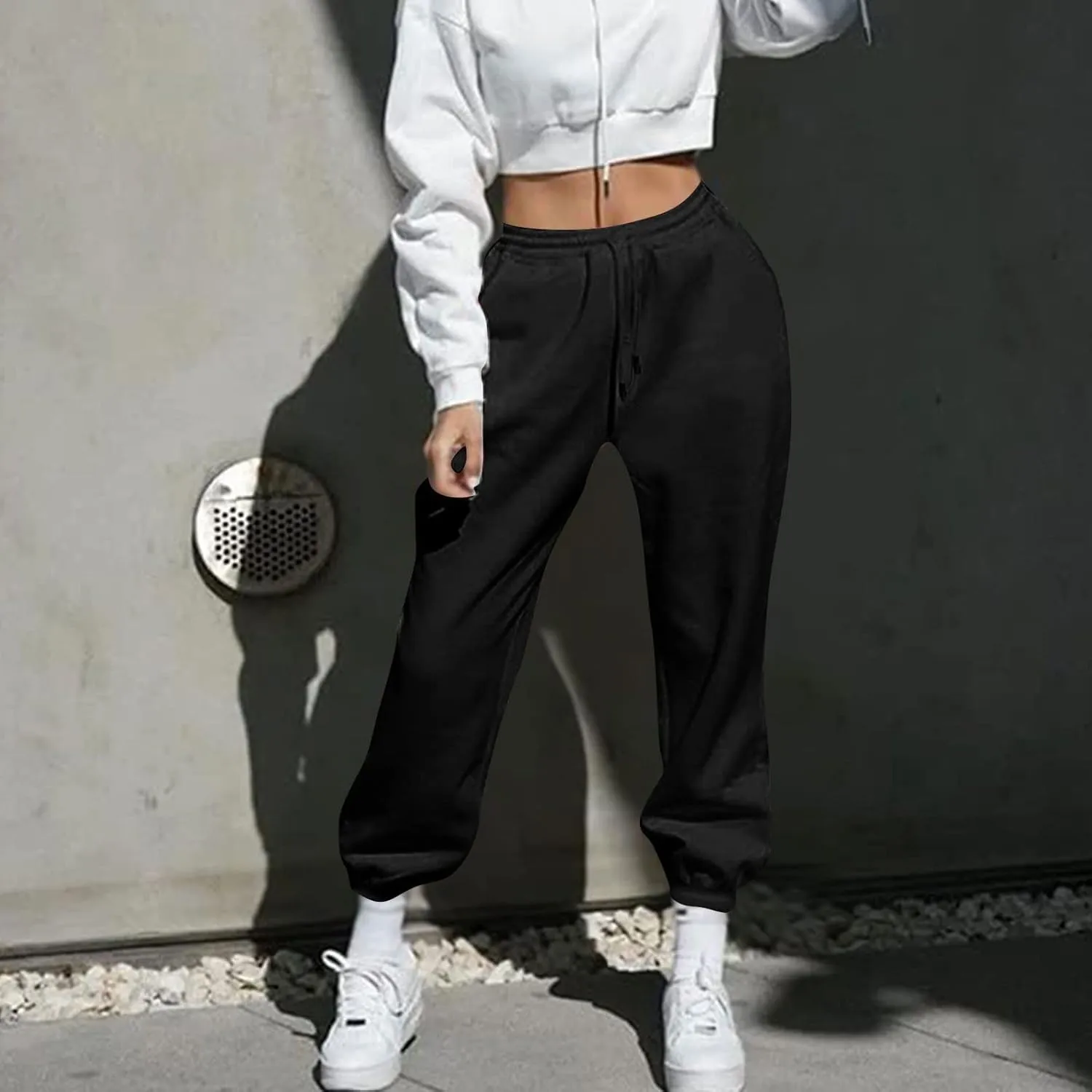 Women Baggy Sweatpants Fleece Cinch Bottom Joggers Pants High Waisted Elastic Athletic Fit Comfy Lounge Trousers