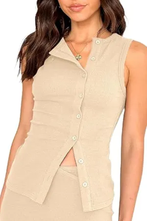 Women Button Down Tank Vest Sleeveless Ribbed Open Front Shirt Crewneck Button Up Slim Fit Crop Tank Top