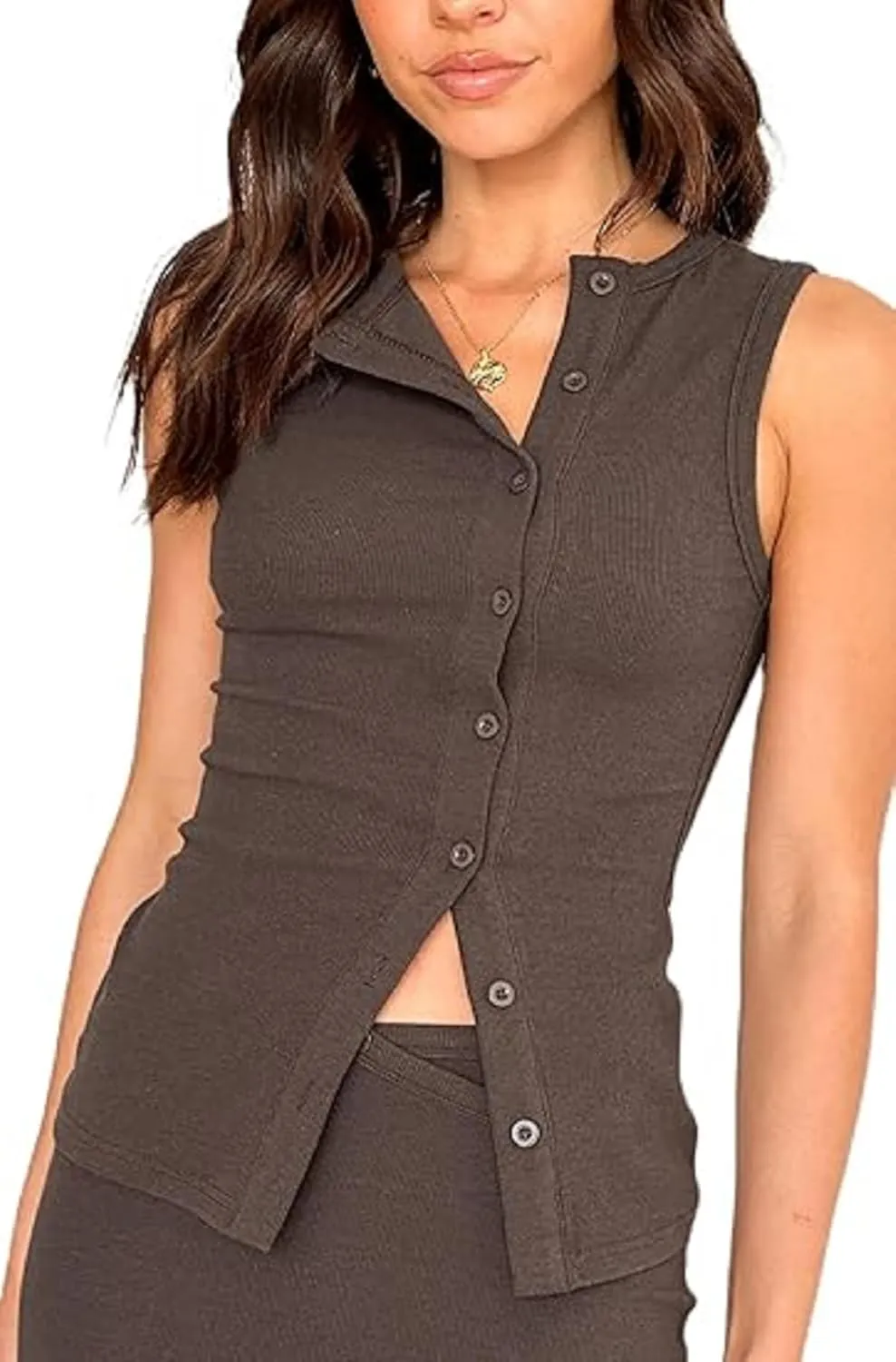 Women Button Down Tank Vest Sleeveless Ribbed Open Front Shirt Crewneck Button Up Slim Fit Crop Tank Top