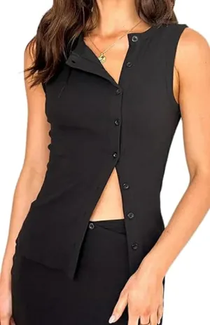 Women Button Down Tank Vest Sleeveless Ribbed Open Front Shirt Crewneck Button Up Slim Fit Crop Tank Top