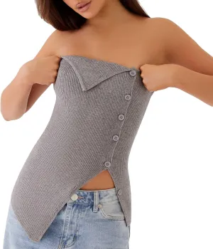 Women Button Down Tank Vest Sleeveless Ribbed Open Front Shirt Crewneck Button Up Slim Fit Crop Tank Top
