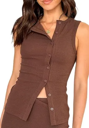 Women Button Down Tank Vest Sleeveless Ribbed Open Front Shirt Crewneck Button Up Slim Fit Crop Tank Top