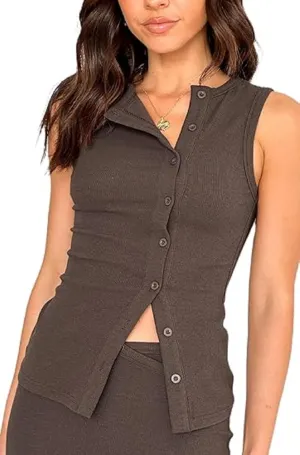 Women Button Down Tank Vest Sleeveless Ribbed Open Front Shirt Crewneck Button Up Slim Fit Crop Tank Top