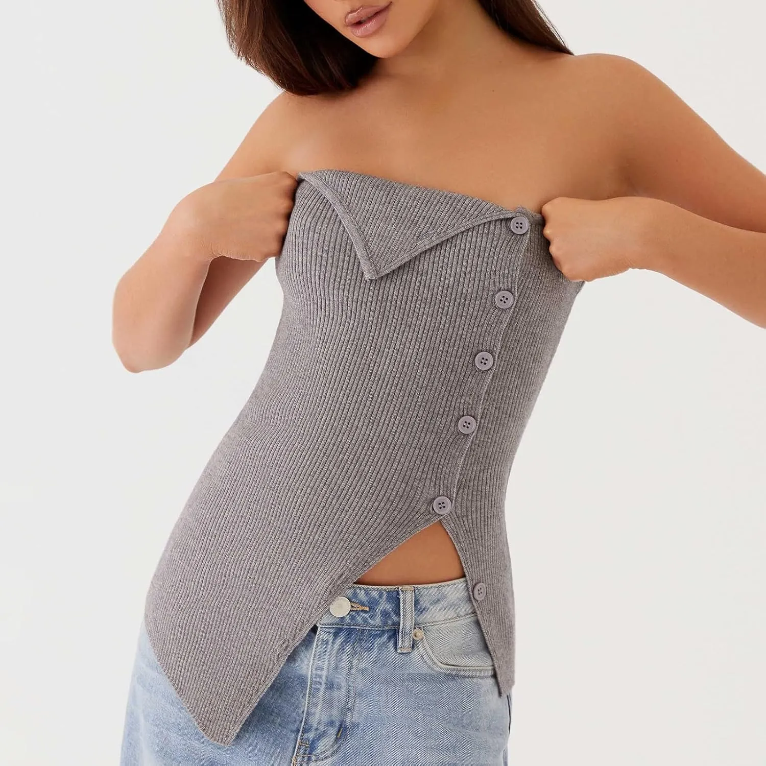 Women Button Down Tank Vest Sleeveless Ribbed Open Front Shirt Crewneck Button Up Slim Fit Crop Tank Top