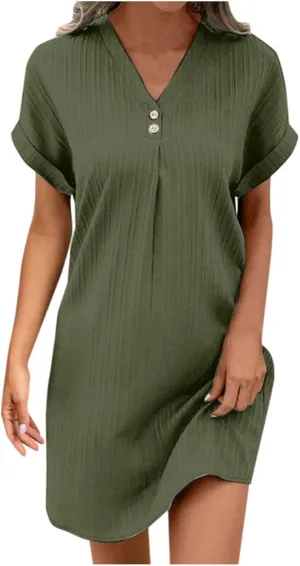 Women Casual Summer Shirt Dresses Solid Color Loose Button Down Dress Fit V Neck Skirt for Women 2025 Spring Clothes